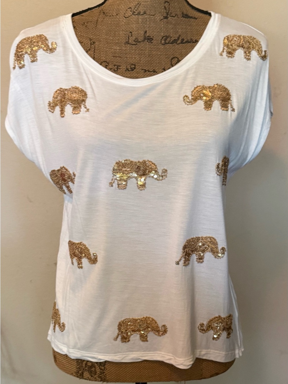 Gold Sequin Elephant White Women's Tee